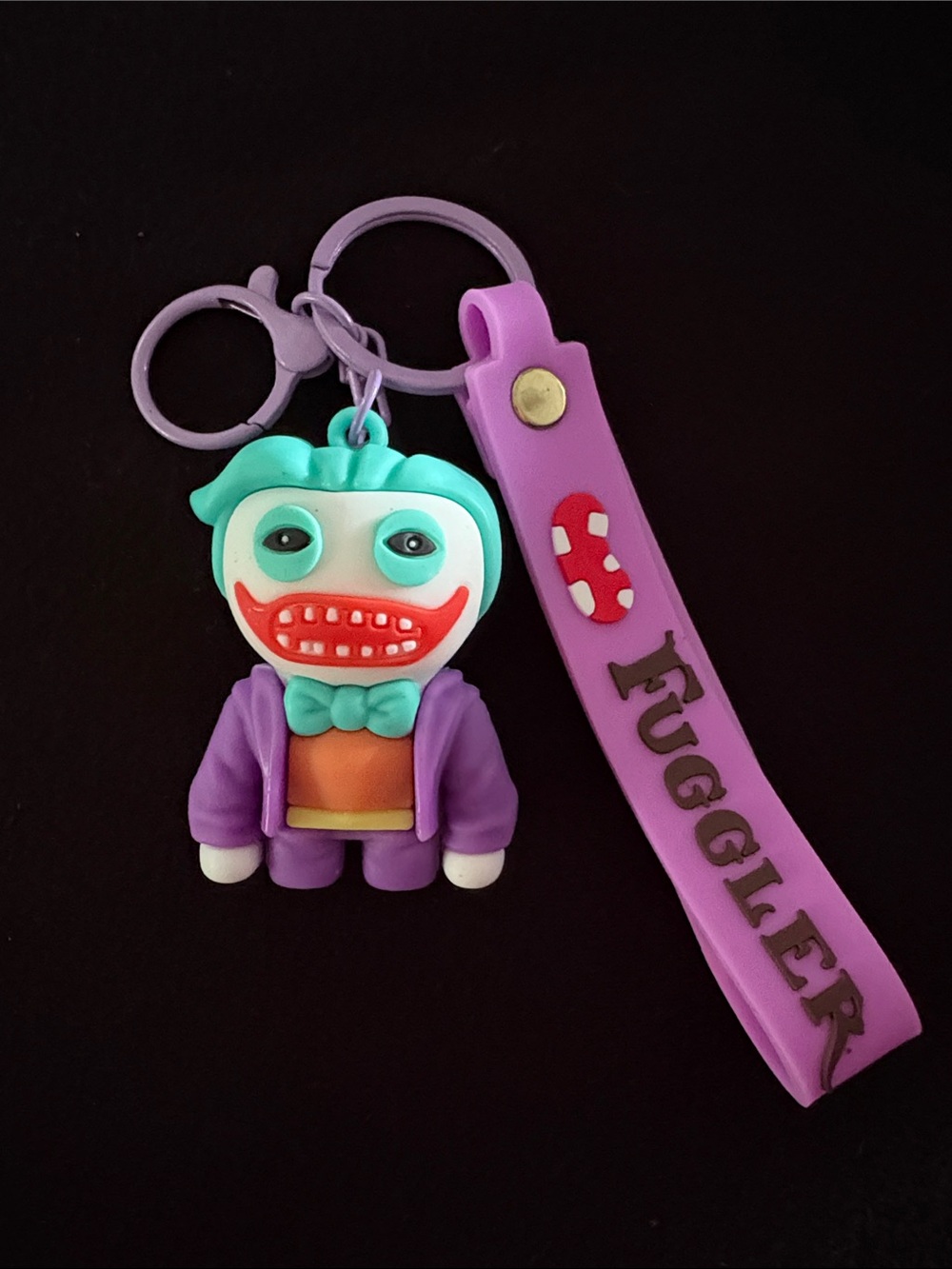 Purple Joker Fuggler Silicone Keychain Bag Charm with Teal Hair and Strap